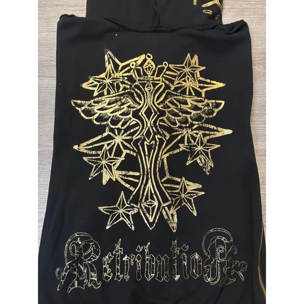 Vintage Y2K Men's Retribution Sleeveless‎ Full Zip Hoodie M Gold Rocker Glam